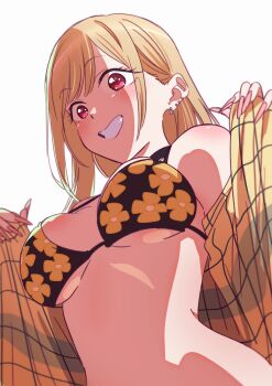 1girl artist_request breasts female_focus floral_print floral_print_bikini grin jewelry kitagawa_marin large_breasts long_hair looking_at_viewer midriff open_clothes open_shirt print_bikini red_eyes smile solo sono_bisque_doll_wa_koi_wo_suru teeth