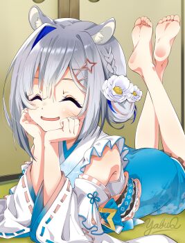 1girl amane_kanata animal_ears barefoot blush closed_eyes feet grey_hair highres hololive lying medium_hair on_stomach open_mouth smile soles the_pose toes yabu_q