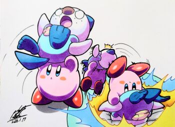 Rule 34 | 025aki, absurdres, blush stickers, colored skin, commentary request, crossover, dated, gen 5 pokemon, german suplex, highres, kirby, kirby (series), multiple views, nintendo, no humans, open mouth, oshawott, pink skin, pokemon, pokemon (creature), signature, suplex