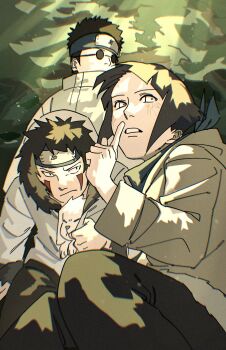 Rule 34 | 1girl, 2boys, aburame shino, akamaru (naruto), black hair, black pants, byakugan, clenched teeth, dog, feet out of frame, forehead protector, headband, highres, hood, hoodie, hyuuga hinata, inuzuka kiba, jacket, konohagakure symbol, multiple boys, naruto (classic), naruto (series), outdoors, pants, pnpk 1013, round eyewear, short hair, teeth, white eyes