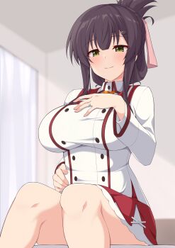 Rule 34 | 1girl, black hair, blush, breasts, closed mouth, commission, curtains, dot nose, green eyes, hair ornament, hair ribbon, hairclip, half updo, hand on own stomach, highres, indoors, jewelry, large breasts, looking at viewer, maruta (denmasked), pink ribbon, red skirt, ribbon, ring, shirt, short hair, sitting, skeb commission, skirt, smile, solo, toji no miko, variant set, wedding ring, white shirt, yanase mai