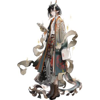 Rule 34 | 1girl, arknights, artist request, belt, black hair, book, boots, brown boots, closed mouth, coat, colored skin, dragon girl, dragon horns, dragon tail, earrings, full body, highres, holding, holding book, horns, jewelry, jie (arknights), long sleeves, looking at viewer, multicolored hair, official art, open clothes, open coat, pointy ears, shirt, short hair, skirt, sleeves past fingers, sleeves past wrists, smile, solo, standing, tail, tassel, tassel earrings, transparent background, white shirt, wide sleeves, yellow eyes