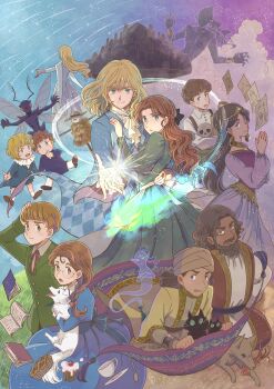 absurdres animal black_cat blonde_hair blue_eyes book calcifer castle castle_in_the_air cat cup cupcake dog floating floating_book floating_object flower-in-the-night food genie green_eyes highres holding holding_animal holding_dog house_of_many_ways howl&#039;s_moving_castle_(novel) howl_pendragon magic magic_carpet markl morgan_pendragon paper pie purpleboots red_hair scarecrow skull sophie_hatter_(howl_no_ugoku_shiro) teacup twinkle_(house_of_many_ways) victorian waif_(house_of_many_ways)