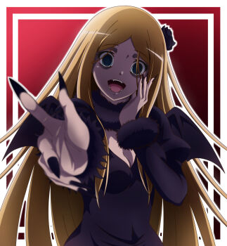 1girl bat_wings black_dress black_nails blonde_hair blue_eyes breasts cleavage demon_girl demon_wings dress empty_eyes fangs fur_choker fur_trim hair_ornament hand_on_own_face highres long_hair nail_polish overlord_(maruyama) pointy_ears renner_theiere_chardelon_ryle_vaiself sharp_nails very_long_hair wings yandere
