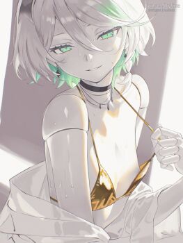 1girl areola_slip bikini braid breasts cecilia_immergreen choker colored_inner_hair commentary convenient_censoring doll doll_joints double-parted_bangs earrings english_commentary flashing gold_bikini green_eyes green_hair green_streaks grey_hair greyscale grin hair_between_eyes highres hololive hololive_english jewelry joints looking_at_viewer monochrome multicolored_hair off_shoulder shirt short_hair side_braid single_braid small_breasts smile solo spot_color streaked_hair sunsetskyline swimsuit upper_body virtual_youtuber