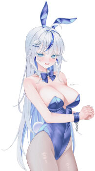 Rule 34 | 1girl, @ @, absurdres, ahoge, animal ears, aokumo rin, bare arms, bare shoulders, blue bow, blue bowtie, blue eyes, blue hair, blue leotard, blush, bound, bound wrists, bow, bowtie, breasts, cleavage, collarbone, colored eyelashes, commentary, covered navel, cowboy shot, cuffs, detached collar, fake animal ears, fake tail, fishnet pantyhose, fishnets, hair ornament, hairclip, highleg, highleg leotard, highres, large breasts, leotard, long hair, looking at viewer, multicolored hair, open mouth, own hands together, pantyhose, playboy bunny, rabbit ears, rabbit tail, signature, simple background, smile, solo, standing, stellive, strapless, strapless leotard, streaked hair, tail, thighs, two-tone hair, very long hair, vini (frisco), virtual youtuber, white background, white hair, wrist cuffs