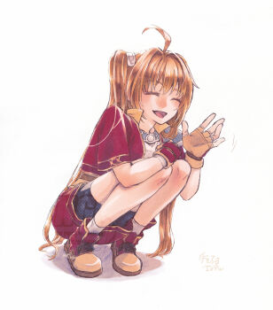Rule 34 | 1girl, antenna hair, bike shorts, boots, brown gloves, brown hair, closed eyes, cropped jacket, eiyuu densetsu, estelle bright, falcom, fingerless gloves, gloves, highres, open mouth, orange skirt, simple background, sitting, skirt, sora no kiseki, twintails