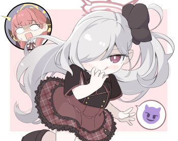 2girls :q ^^^ aru_(blue_archive) black_boots black_flower black_jacket blank_eyes blue_archive blush_stickers boots border brown_eyes brown_hair brown_ribbon brown_skirt chibi closed_mouth collared_shirt cropped_jacket flower grey_hair hair_flower hair_ornament hair_over_one_eye halo high-waist_skirt highres horns jacket long_hair miranofuudoria multiple_girls mutsuki_(blue_archive) neck_ribbon pink_background ribbon shirt short_sleeves side_ponytail skirt smile spoken_emoji tongue tongue_out turn_pale very_long_hair white_border white_shirt