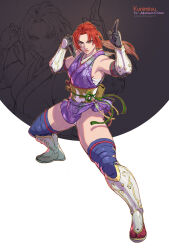 1girl arm_guards black_gloves blue_thighhighs elbow_gloves fighting_stance floral_print floral_print_kimono gloves highres holding holding_weapon japanese_clothes kimono kuji-in kunai kunimitsu_(tekken) looking_at_viewer mole mole_under_mouth ninja no_mask obi one_eye_covered pale_skin patterned ponytail print_kimono print_sash purple_kimono red_hair rejean_dubois sash saya_(scabbard) scabbard sheath shin_guards short_kimono solo split_ponytail tabi thighhighs weapon