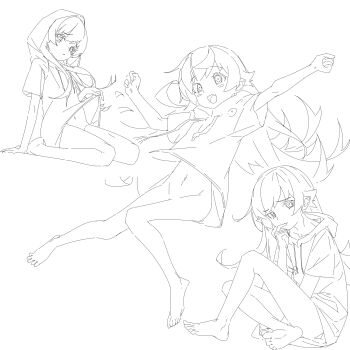 1girl :d absurdres arm_at_side arm_support bare_arms bare_legs barefoot between_legs blonde_hair blush_stickers bottomless clenched_hands closed_mouth clothes_lift concentrating convenient_censoring convenient_leg crossed_legs drawstring fang feet flat_chest floating from_side full_body hair_between_eyes hair_flaps hand_between_legs hand_on_own_chin hand_up happy highres hood hood_down hood_up hoodie hoodie_lift knees_together_feet_apart knees_up legs_together lineart long_hair looking_at_viewer monogatari_(series) multiple_views navel open_mouth oshino_shinobu outstretched_arm pointy_ears ringed_eyes shishirui_san short_sleeves sidelocks simple_background sitting smile soles very_long_hair wariza white_background