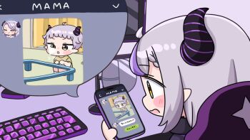 Rule 34 | 1boy, 2girls, blush stickers, braid, braided bangs, cellphone, chair, computer keyboard, demon horns, fang, grey hair, holding, holding phone, hololive, horns, la+ darknesss, la+ darknesss (1st costume), long hair, microphone, mochimiko, monitor, multicolored hair, multiple girls, office chair, on chair, open mouth, parted bangs, parted lips, phone, pointy ears, purple hair, streaked hair, swivel chair, virtual youtuber