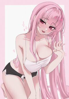1girl acedia bare_arms bare_legs barefoot black_shorts blunt_bangs blush border breasts camisole crop_top dolphin_shorts fang head_tilt highres hololive kneeling large_breasts long_hair looking_at_viewer mori_calliope pink_border pink_hair red_eyes short_shorts shorts simple_background smile solo spaghetti_strap straight_hair very_long_hair virtual_youtuber white_background white_camisole