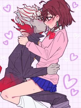 1boy 1girl ahoge arms_around_neck ayase_momo black_choker black_jacket black_pants blue_skirt blush bow bowtie breasts brown_hair choker collared_shirt couple dandadan earrings feet_out_of_frame gakuran gold_buttons grey_skirt grid_background hair_between_eyes hand_on_another's_waist hat heart heart_ahoge hetero highres imminent_kiss jacket jewelry looking_at_another loose_socks medium_breasts medium_hair multicolored_hair pants pants_rolled_up parted_lips pink_sweater pleated_skirt red_bow red_bowtie red_eyes red_hair school_uniform shirt short_hair sitting sitting_on_lap sitting_on_person skirt socks straddling streaked_hair sweat sweater takakura_ken_(dandadan) takakura_ken_(transformed)_(dandadan) tears uap_dnddn wavy_hair white_hat white_shirt white_socks