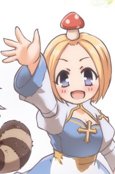 1girl arch_bishop_(ragnarok_online) blonde_hair blue_dress blue_eyes breasts cleavage cleavage_cutout clothing_cutout commission cross dress juliet_sleeves kuma_king long_sleeves looking_at_viewer mushroom_on_head open_mouth puffy_sleeves ragnarok_online sash short_hair simple_background skeb_commission small_breasts smile solo transparent_background two-tone_dress upper_body waving white_dress yellow_sash