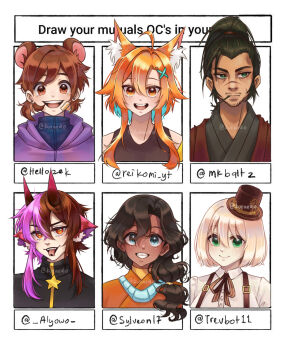 3boys 3girls ahoge animal_ear_fluff animal_ears beard_stubble black_hair black_jacket blonde_hair blue_eyes borrowed_character brown_eyes brown_hair brown_hat closed_mouth commentary double-parted_bangs english_commentary facial_hair forked_tongue green_eyes hair_between_eyes hair_ornament hat highres hood hood_down hoodie horns jacket kuraedo long_hair looking_at_viewer looking_to_the_side mini_hat mini_top_hat multicolored_hair multiple_boys multiple_drawing_challenge multiple_girls mustache_stubble open_mouth orange_eyes orange_hair original pink_hair purple_hoodie scar scar_on_face scar_on_nose shirt short_hair sidelocks six_fanarts_challenge smile split-color_hair stubble tongue tongue_out top_hat two-tone_hair white_background white_shirt x_hair_ornament