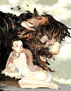 1girl 1other black_hair blue_eyes cape horns monster nude open_mouth original raiu traditional_youkai yellow_eyes