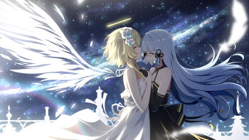 2girls absurdres alternate_costume angel_wings ayaka_(genshin_impact) bare_shoulders black_dress blonde_hair blue_eyes blue_hair blunt_bangs chinese_commentary closed_eyes commentary_request dress feathered_wings feathers flower from_side genshin_impact hair_flower hair_ornament hair_ribbon halo highres long_hair low-tied_sidelocks lumine_(genshin_impact) multiple_girls mxirony ribbon sidelocks sky smile star_(sky) starry_sky tress_ribbon white_dress white_hair wings yuri