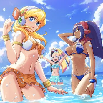 3girls :d \o/ alia_(mega_man) android arm_up armlet armpits arms_up bare_shoulders bikini bikini_skirt blonde_hair blue_bikini blue_eyes blue_sky blunt_bangs blush bracelet breasts cameltoe cleavage cloud commentary_request cowboy_shot dark-skinned_female dark_skin day flat_chest green_eyes groin hair_between_eyes headgear highres hime_cut hoshi_mikan jewelry large_breasts layer_(mega_man) long_hair looking_at_viewer mega_man_(series) mega_man_x_(series) mega_man_x_dive midriff mole mole_under_eye multiple_girls navel ocean open_mouth outdoors outstretched_arms pallette_(mega_man) polka_dot polka_dot_bikini purple_hair purple_scarf robot_ears scarf sidelocks sky smile standing swimsuit thighs twintails wading water water_drop wet yellow_bikini