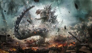 3d building city claws day debris destruction dinosaur dust embers epic facial_scar fire from_behind giant giant_monster godzilla godzilla_(series) godzilla_minus_one kaiju monster no_humans official_art official_wallpaper open_mouth otani_kimito power_lines promotional_art rubble ruins scar scar_on_cheek scar_on_face sea_monster sharp_teeth smoke spikes tail teeth toho