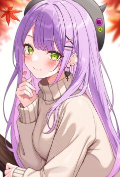 Rule 34 | 1girl, beaterpx, black hat, brown sweater, colored inner hair, commentary, ear piercing, earrings, finger heart, gradient hair, green eyes, hair ornament, hairclip, hat, heart, heart earrings, highres, hololive, jewelry, leaf, long hair, looking at viewer, maple leaf, multicolored hair, piercing, pink hair, purple hair, solo, sweater, symbol-only commentary, tokoyami towa, two-tone hair, virtual youtuber
