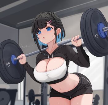 1girl black_hair blue_eyes braid breasts ceiling cleavage colored_inner_hair commentary english_commentary exercising fingernails fitness_gym hair_ornament hairclip highres hood hoodie indoors large_breasts long_sleeves looking_ahead multicolored_hair navel original short_hair shorts signature solo sound_effects sportswear stomach sugyart8 sweat weightlifting weights window