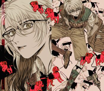 Rule 34 | 1other, asymmetrical legwear, beagle, brown hair, brown shorts, colored tips, dog, foot out of frame, from above, glasses, green socks, green vest, gyujik qzc, highres, legwear garter, looking at viewer, medicine pocket, medicine pocket (the cosmos photographer), mismatched legwear, multicolored hair, multiple views, official alternate costume, portrait, red socks, reverse:1999, shirt, shorts, sitting, socks, sweater vest, vest, white hair, white shirt, yellow eyes