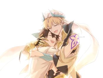 2boys armor artist_name bare_shoulders black_hair black_vest blonde_hair chain chaldea_uniform circlet closed_eyes earrings fate/grand_order fate_(series) floating_clothes from_behind fujimaru_ritsuka_(male) gauntlets gem gilgamesh gilgamesh_(caster)_(fate) gilgamesh_(fate) gold_armor gold_chain gold_earrings hair_between_eyes happy highres horns hug jewelry kamiya_(kamiya_000) long_sleeves male_focus multiple_boys navel open_clothes open_mouth open_vest purple_gem shirt short_hair shoulder_tattoo simple_background single_gauntlet smile standing tattoo teeth turban veil vest white_background white_shirt white_turban yaoi
