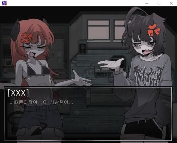 Rule 34 | 1boy, 1girl, ahoge, anger vein, angry, bikini, black bikini, black eyes, black hair, breasts, closed eyes, dialogue box, fang, grey shirt, hand up, highres, korean text, long hair, long sleeves, looking at another, nightcore (n19htc0r333), open mouth, original, red hair, shirt, short hair, skin fang, small breasts, small sweatdrop, swimsuit, translation request