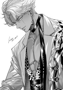 1boy choker dark-skinned_male dark_skin eagleacee earrings fate/grand_order fate_(series) greyscale indra_(fate) jacket jewelry lightning_bolt_facial_mark looking_at_viewer male_focus monochrome pectorals shirt simple_background smile solo upper_body white_background