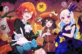 Rule 34 | 3girls, :<, :3, :d, alternate costume, ange katrina, animal ear hairband, animal ears, ascot, bandana, banken (inui toko), bilingual commentary, bird, black dress, black gloves, black hat, black jacket, blue eyes, blue hair, blurry, blush, breasts, brown hair, buttons, candy, cape, cleavage, cleavage cutout, clothing cutout, collared shirt, colored inner hair, commentary, creature on head, depth of field, double-breasted, dress, drop shadow, ears down, emoji, english commentary, epaulettes, eyepatch, fake animal ears, fake horns, fangs, food, frilled dress, frilled gloves, frills, full moon, ghost, gloves, gradient sky, group picture, hair between eyes, hair intakes, hair ornament, hairband, halloween, halloween costume, hat, heterochromia, holding, holding polearm, holding telescope, holding unworn clothes, holding unworn hat, holding weapon, hook hand, horn hairband, horns, in hat, inui toko, jacket, jewelry, lize helesta, long hair, looking at viewer, mandragora, mandragora (ange katrina), mitsumine (ookami no oyashiro), mixed-language commentary, monocle, monocle chain, moon, multicolored hair, multiple girls, necklace, nijisanji, one eye closed, open mouth, orange sky, pirate costume, pirate hat, pleading face emoji, polearm, pumpkin hat, purple eyes, purple sky, rabbit ear hairband, rabbit ears, red bandana, red cape, red eyes, red hair, red hat, red shirt, sanbaka (nijisanji), sebastian piyodore, shirt, short hair, silhouette, sky, sleeveless, sleeveless dress, small breasts, smile, sweatdrop, telescope, textless version, throwing, top hat, triangle hair ornament, trident, two-tone hair, unworn hat, unworn headwear, very long hair, virtual youtuber, weapon, white ascot, white gloves, white hair, yellow bird, yellow eyes, yugamin (nijisanji)