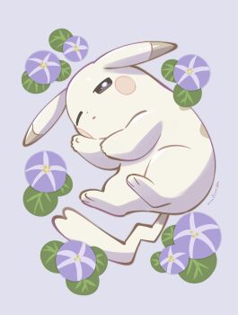 absurdres alternate_color alternate_form commentary droopy_ears flower full_body gen_1_pokemon highres lying nintendo no_humans nullma on_side one_eye_closed parted_lips peakychu pikachu pokemon pokemon_(creature) pokemon_focus pokemon_pokopia solo symbol-only_commentary tail