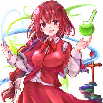 1girl arms_up book book_stack breasts capelet commentary_request contrapposto cowboy_shot cross flask hair_between_eyes hair_ribbon head_tilt highres holding holding_test_tube ikazuchi_akira large_breasts liquid long_hair long_sleeves looking_at_viewer okazaki_yumemi open_mouth ponytail red_capelet red_eyes red_hair red_neckwear red_ribbon red_skirt red_vest ribbon round-bottom_flask shirt skirt solo standing test_tube touhou touhou_(pc-98) tress_ribbon very_long_hair vest white_background white_shirt