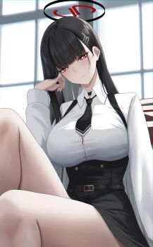 1girl absurdres black_hair black_skirt blue_archive blush breasts collared_shirt hair_ornament hairclip halo high-waist_skirt highres large_breasts long_hair long_sleeves looking_at_viewer necktie red_eyes rio_(blue_archive) shirt skirt solo thighs very_long_hair white_shirt yamikyon