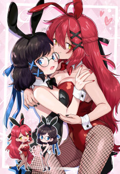 2girls argyle_background black_bow black_bowtie black_hair black_leotard black_nails blue_eyes bob_cut border borrowed_character bow bowtie breast_press breasts chibi closed_mouth collar commission covered_navel detached_collar double-parted_bangs elbow_rest fang fang_out fishnet_pantyhose fishnets glasses groin hair_between_eyes hair_ornament half_updo hand_on_another&#039;s_back hand_on_another&#039;s_shoulder hand_up highres inset_border large_breasts leg_support leotard light_blush long_hair mole mole_under_eye multiple_girls multiple_views nail_polish open_mouth original pantyhose pink_background playboy_bunny red_bow red_bowtie red_hair red_leotard red_nails round_eyewear second-party_source see-through_pantyhose skeb_commission small_breasts swept_bangs tokitou_fuji traditional_bowtie very_long_hair white_border white_collar white_wrist_cuffs wing_collar wrist_cuffs x_hair_ornament yellow_eyes yuri