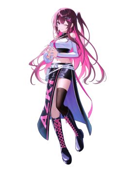 1girl ;) absurdres azki_(hololive) belt black_boots black_hair black_skirt boots braid breasts character_name clothes_writing colored_inner_hair commentary cropped_shirt double-parted_bangs full_body hair_intakes hair_ornament hairclip half_up_half_down_braid highres hololive knee_boots lace-up_boots long_hair long_sleeves looking_at_viewer midriff miniskirt mole mole_under_eye multicolored_hair navel off-shoulder_shirt off_shoulder one_eye_closed overskirt pink_hair pink_streaks ponytail purple_eyes shirt short_ponytail sidelocks simple_background single_thighhigh skirt smile socks solo star-ring steepled_fingers streaked_hair thighhighs very_long_hair virtual_youtuber white_background white_belt white_shirt white_streaks