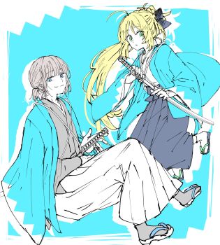 1boy 1girl :o ahoge alternate_costume artoria_caster_(fate) artoria_pendragon_(fate) black_bow black_hakama black_kimono blonde_hair blue_eyes bow crossed_legs fate/grand_order fate_(series) full_body green_eyes grey_hair hair_bow hakama hakama_skirt hand_on_hilt highres jacket jacket_on_shoulders japanese_clothes katana kimono leg_up long_hair long_sleeves looking_at_viewer minamitakif outline ponytail sandals sketch skirt smile socks sword weapon white_hakama white_kimono white_outline wide_sleeves zouri