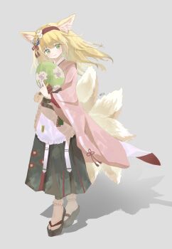 1girl absurdres animal_ear_fluff animal_ears apron arknights artist_name black_skirt blonde_hair chinese_commentary chinese_knot commentary_request floating_clothes flower fox_ears fox_girl fox_tail frilled_apron frills full_body green_eyes grey_background hair_flower hair_ornament hairband hakama hakama_skirt hand_fan highres holding holding_fan japanese_clothes kimono kitsune kyuubi long_hair long_sleeves multiple_tails open_clothes open_kimono paper_fan pink_kimono platform_sandals red_hairband sandals simple_background skirt solo standing suzuran_(arknights) suzuran_(yukibare)_(arknights) tail tassel white_apron white_flower xiao056338
