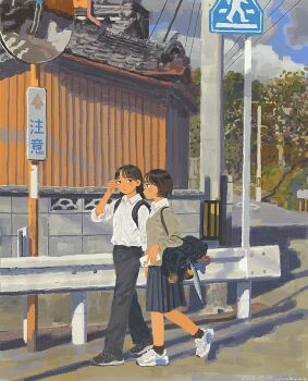 2girls backpack bag bird black_hair black_shoes black_socks building cellphone charm_(object) collared_shirt grey_sweater holding holding_phone kumaori_jun multiple_girls original outdoors pants phone power_lines shirt shoes skirt smartphone socks sweater traffic_mirror white_shirt white_shoes