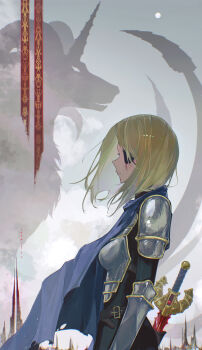 1girl absurdres alicia_glenfall arm_armor armor black_shirt blonde_hair blue_cloak boobplate breastplate breasts carmilla_png clevatess clevatess:_majuu_no_ou_to_akago_to_shikabane_no_yuusha cloak closed_mouth eyepatch from_side full_moon highres medium_breasts medium_hair monster moon scar scar_across_eye scar_on_face sheath sheathed shirt shoulder_armor solo sword weapon