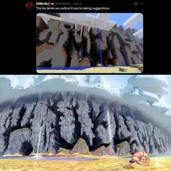 Rule 34 | artist name, benii21, cliff, cloud, commentary, english commentary, far lands (minecraft), highres, landscape, minecraft, nautilus (animal), outdoors, painting (medium), sand, traditional media