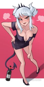 1girl black_dress bottle breasts ckatnha demon demon_girl demon_horns demon_tail dress dripping drunk half-closed_eyes hand_on_own_hip helltaker high_heels highres horns looking_at_viewer lucifer_(helltaker) mole mole_under_eye red_background red_eyes steaming_body sweat tail tail_wrap white_hair white_horns