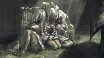 Rule 34 | 3girls, against wall, android, blue archive, commentary request, ein (blue archive), full body, highres, knees up, leaning on person, multiple girls, ohr (blue archive), overgrown, ruins, seiza, shirasu kuretaka, sitting, sof (blue archive), spoilers, sunlight, torn clothes, white hair, wide shot