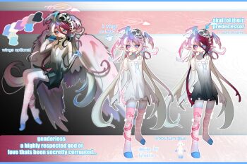 1other adoptable blue_eyes cloud_(lufaeris) colored_extremities commentary double-parted_bangs dress english_commentary gradient_hair grey_dress hair_between_eyes hair_ornament halo head_wings highres long_hair looking_at_viewer multicolored_hair multiple_views open_mouth original other_focus pink_hair pink_thighhighs pointy_ears purple_hair skull_hair_ornament smile thighhighs wings