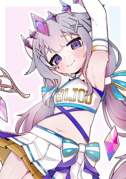 1girl absurdres alternate_costume arm_behind_back armpits arms_up bow breasts cheerleader chronia crop_top gem gloves gradient_hair hair_between_eyes hair_ornament highres hololive hololive_english jewelry koseki_bijou light_blush long_hair looking_at_viewer midriff multicolored_hair navel outside_border pink_hair purple_eyes simple_background skirt small_breasts stomach sweatdrop virtual_youtuber x_hair_ornament
