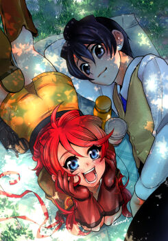 Rule 34 | black eyes, black hair, black pants, blue eyes, blue necktie, blush, boots, brown boots, dappled sunlight, from above, gemini sunrise, gloves, hands on own cheeks, hands on own face, jacket, kannah, looking at viewer, lying, necktie, on side, on stomach, open mouth, orange jacket, orange skirt, pants, picnic blanket, ponytail, red gloves, red hair, sakura taisen, sakura taisen v, shirt, sidelocks, skirt, smile, sunlight, taiga shinjirou, vest, white shirt, yellow vest