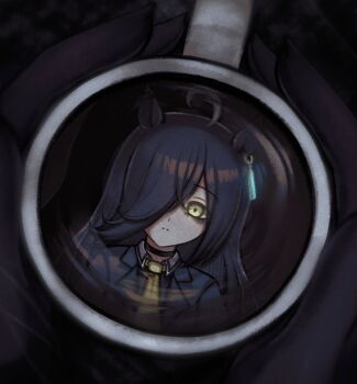 Rule 34 | 1girl, absurdres, ahoge, animal ears, black choker, black coat, black gloves, black hair, choker, closed mouth, coat, coffee, coffee mug, collared shirt, cup, ear tag, earrings, gloves, hair between eyes, highres, holding, holding cup, horse ears, horse girl, jewelry, long bangs, long hair, long hair between eyes, manhattan cafe (creeping shadow) (umamusume), manhattan cafe (umamusume), mug, multicolored hair, necktie, reflection, reflective liquid, rinacchi, shirt, single earring, solo, umamusume, very long hair, white hair, yellow eyes, yellow necktie