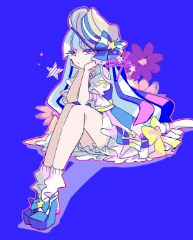 Rule 34 | 1girl, arch bishop (ragnarok online), blue background, blue bow, blue dress, blue hair, blue shoes, bow, closed mouth, commentary request, dress, expressionless, frilled dress, frilled sleeves, frills, full body, hands on own cheeks, hands on own face, hat, hat bow, invisible chair, long hair, looking at viewer, official alternate costume, pink eyes, ragnarok online, rui (konoki), shoes, simple background, sitting, socks, solo, star (symbol), striped bow, two-tone dress, white dress, white hat, white socks