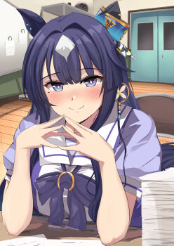1girl absurdres animal_ears blue_hair breasts butter_curry chair closed_mouth commentary_request dark_blue_hair door hair_between_eyes hair_ornament highres horse_ears horse_girl looking_at_viewer medium_breasts paper_stack pov purple_eyes school_uniform sitting smile tracen_school_uniform umamusume verxina_(umamusume)