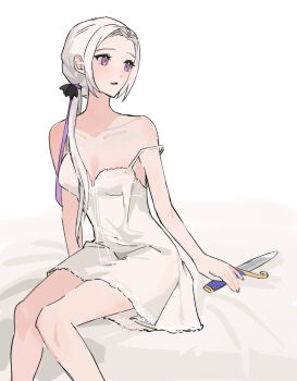 1girl bare_arms bare_shoulders blush breasts cleavage collarbone commentary dagger dress edelgard_von_hresvelg fire_emblem fire_emblem:_three_houses fire_emblem_warriors:_three_hopes hair_over_shoulder head_tilt highres ikaikakka indoors knees_together_feet_apart knife lace-trimmed_nightgown lingerie long_hair low_ponytail medium_breasts nightgown nintendo off_shoulder official_alternate_hairstyle on_bed open_mouth ponytail purple_eyes shade shadow sitting sleepwear solo strap_slip thighs underwear upper_body weapon white_dress white_hair white_nightgown
