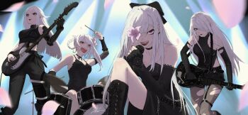 4girls a2_(nier:automata) absurdres bass_guitar boots bow drag-on_dragoon drag-on_dragoon_3 electric_guitar flower_eyepatch frenlyse guitar hair_bow highres in-franchise_crossover instrument joints kaine_(nier) long_hair looking_at_viewer microphone mistxii multiple_girls music nier nier:automata nier_(series) nier_reincarnation pantyhose playing_instrument red_eyes robot_joints rock_band singing stage stage_lights torn_clothes torn_pantyhose white_hair zero_(drag-on_dragoon)